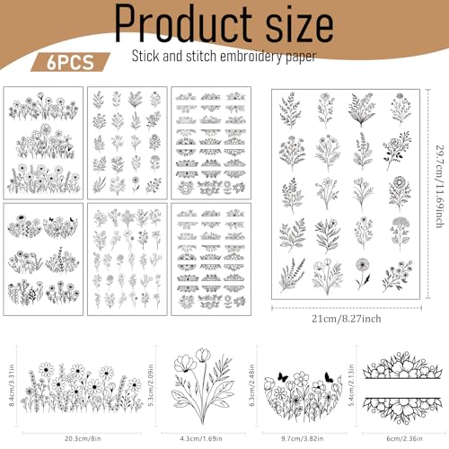 Water Soluble Embroidery Patterns Stabilizers, 6 Sheets 85 Pcs Floral Stick and Stitch Embroider Paper Wash Away, Pre-Printed Flower Daisy Transfer Paper Gifts for Hand Sewing Lovers Beginners - size: Flower B