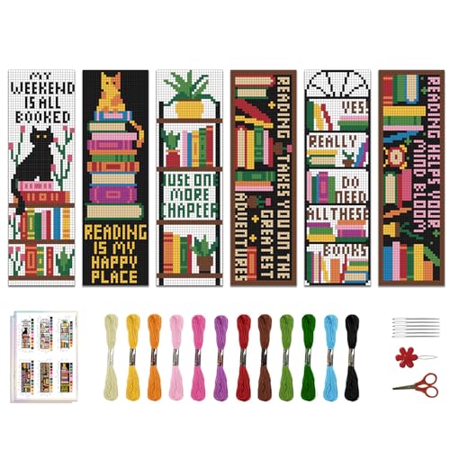 ACRNIGHEET 6PCS Counted Cross Stitch Bookmark Kits for Beginners Bookshelf - style: Words and bookshelf patterns