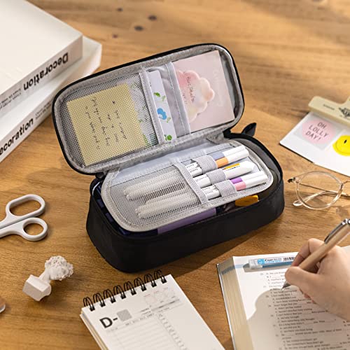 CICIMELON Durable Pen Pencil Case for School Supplies, High Capacity Pencil Bag Pouch Organizer for Teen Girls Boys Adults, Black - color: Black