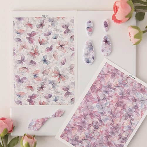 KABAKE Polymer Clay Transfer Paper 4 PCS Colorful Flowers Water Soluble Transfer Sheet for Earrings Jewelry Making - color: Watercolor Butterfly