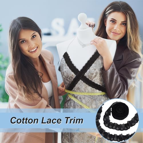 FINGERINSPIRE 15 Yards Cotton Lace Trim 1-5/8 inch Black Cotton Eyelet Lace Ribbon Floral Embroidery Ruffle Lace Trim Wavy Edge Floral Cotton Lace Ribbon for Sewing Dresses Clothes Bag Pets Clothes - color: Black