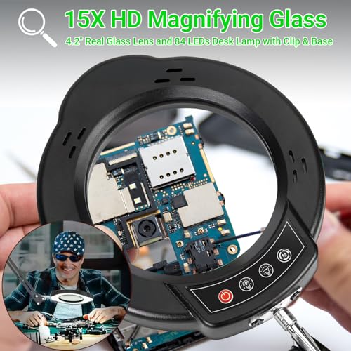 15X Magnifying Glass with Light and Stand, 5 Color Modes 10 Levels Adjustable Brightness, 2-in-1 Desk Lamp with Clamp, Hands Free LED Light Magnifier for Craft Hobby Reading Repair Close Works