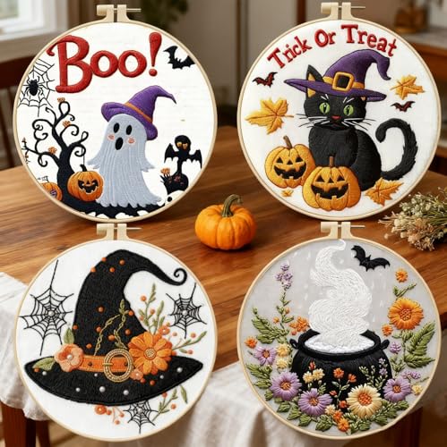 Zhenqing 4-Piece Halloween Embroidery Kit for Beginners - Spooky Ghost, Witch Hat, Black Cat & Cauldron Designs with Pre-Printed 29x29cm Cotton Fabric, Hoop, Threads & Tools(C0165) - style: C0165