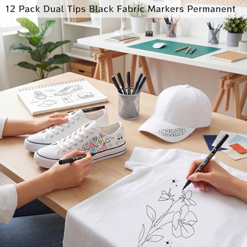 Thboxes Black Fabric Markers, 12 Pack Permanent Markers for Clothes