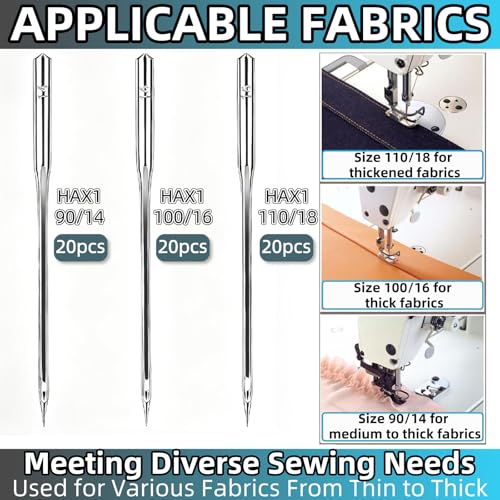 60 Pcs Universal Heavy Duty Sewing Machine Needles Size HAX1 110/18,100/16,90/14,Quilting Sewing Machine Needles for Thick Fabric Leather Jeans Canvas Embroidery,Compatible with Kind of Sewing Machine