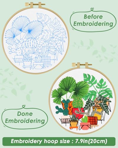 ERKOON Embroidery Kit for Beginners, Flower Cross Stitch Set for Include Embroidery Cloth Hoops Threads for Craft Lover Hand Stitch with Embroidery Skill Techniques (Greenery) - color: Greenery