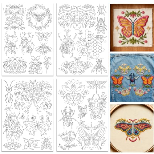 ORIGACH 4 Sheets Water Soluble Embroidery Patterns Stabilizers - Pre-Printed Moth Insect & Flower Designs - Stick & Stitch Embroidery Paper for Hand Sewing Lovers - color: Moth Insect & Flower