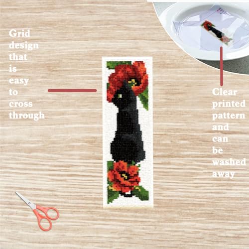 FREEBLOSS 6 Set 11CT Cross Stitch Bookmark Kits 8"x2.4" Cat&Flowers - style: Poppy&Cats