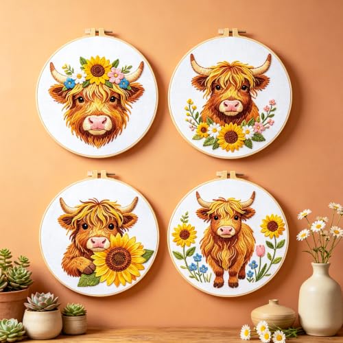 BEUNITONE 4pcs Embroidery Kit, Highland Cow & Sunflowers Stamped Embroidery Kits with Hoop, Thread & Needles, Colorful Cross Stitch Kits Sewing Gifts for Adults and Beginners, DIY Craft for Relaxation - style: A-Highland Cattle