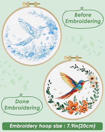 ERKOON Embroidery Kit for Beginners, Hummingbird and Flower Cross Stitch Set for Include Embroidery Cloth Hoops Threads for Craft Lover Hand Stitch (Colorful Hummingbird) - color: Colorful Hummingbird