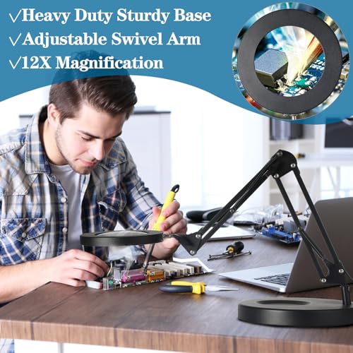 HITTI 12X Magnifying Glass with Light, 1,800 Lumens Stepless Dimmable - color: Black, size: 12X 9.06 INCH Base & Clamp