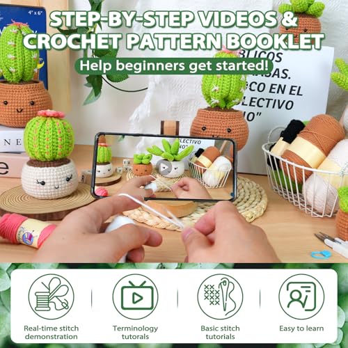 Crochet Kit for Beginners - Crochet Starter Kit with Step-by-Step Video Tutorials, DIY Knitting Supplies, 4 Pack Plants(40%+ Yarn) - color: Plant 4Pack