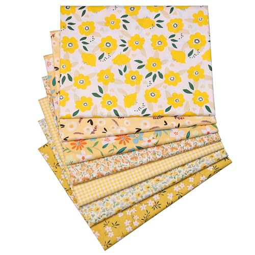 Yellow Floral Print Cotton Fabric Fat Quarter Bundles - Soft Baby Quilting Fabric Material for Sewing, Apparel, Bags, Upholstery, and Crafts, 7 pcs 15.7" x 19.7" Pre Cut - color: Yellow Floral