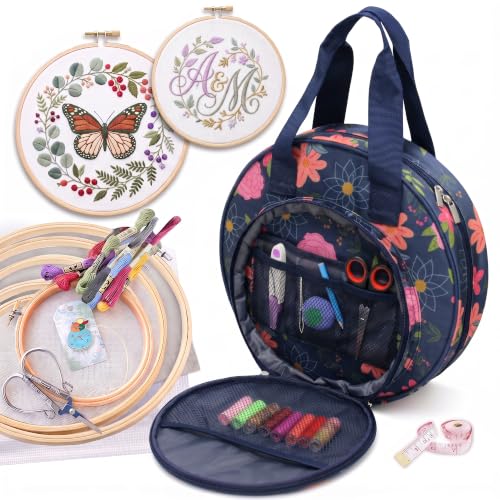 Round Embroidery Project Bag, Tote for Hoops, Floss&Sewing Supplies - color: Blue Floral