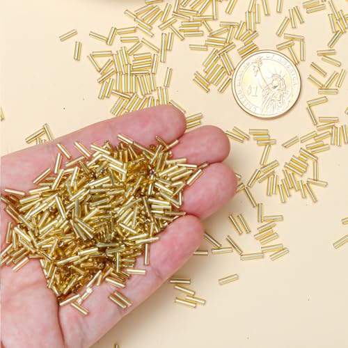 2000pcs Glass Bugle Beads, Tube Beads Bulk, Mini Long Tiny Small Waist Loose Spacer Embroidery Beaded for Bracelets Jewelry Making Sewing, Crafts, 2×6mm, Gold - color: Gold