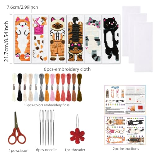 ORIGACH 6 Set Vivid Cute Cat Cross Stitch Bookmark Kit for Beginner - style: Cat