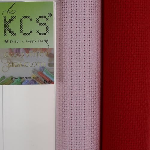 KCS 2 pc of 15" x 18"(38cmx45cm) Counted Cross Stitch Cotton Aida Cloth Needlework Fabric Box (Pink+Red, 14CT) - color: Pink+red, size: 14CT