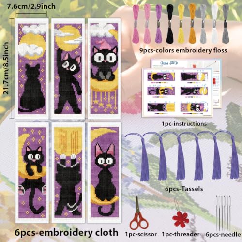 ACRNIGHEET 6PCS Cross Stitch Bookmark Kit for Beginner Stamped Cross Stitch Kits for Adults Cute Cat & Moon DIY Tassel Embroidery Bookmark Kits Needlepoint Kit with Instructions Gift 8.5''x3'' 11CT - style: Moon Cat with Tassel
