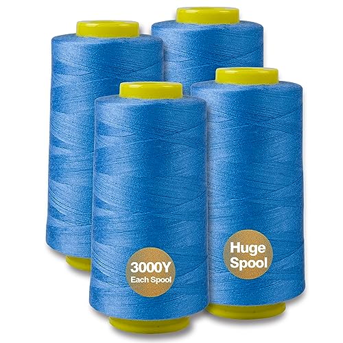 Azure Blue Serger Thread, All-Purpose Thread for Sewing, Thread, Polyester, 4 Cones of 3000 Yards Each Spool for Sewing Machine - color: 4 azure blue
