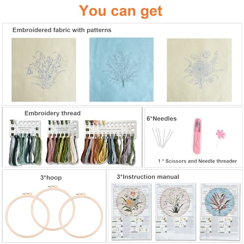 Myfelicity Embroidery kit for Adults and Beginners, Includes 3 Floral Pattern Fabrics, 3 Embroidery Hoops, Embroidery Floss and Other Tools.