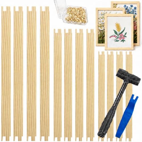 12pcs Needlepoint Stretcher Bars for Needlework with 100 Thumb Tacks Hammer and Tacks Remover 3 Sizes Wooden Canvas Frame, Stitch Set, Needlepoint Frame, The Ideal Gift for Embroidery Enthusiasts - color: 12pcs