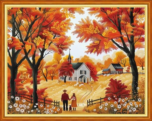 Dimensean Stamped Cross Stitch Kits Full Range of Embroidery Patterns Starter Kits for Beginners Adult DIY Cross Stitches Needlepoint Kits 11CT-Golden Autumn Couple 16x20 inch - color: Arts kits 14