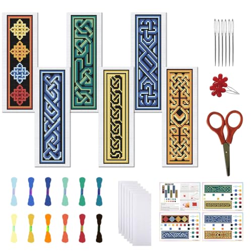 FREEBLOSS 6 Set Cross Stitch Bookmark Kit Cross Stitch Kit Celtic Knots Stamped Embroidery Bookmark with Instruction Cross Stitch Kits for Adults DIY Bookmark Kit 8.66''x3.15'' - style: Celtic Knot