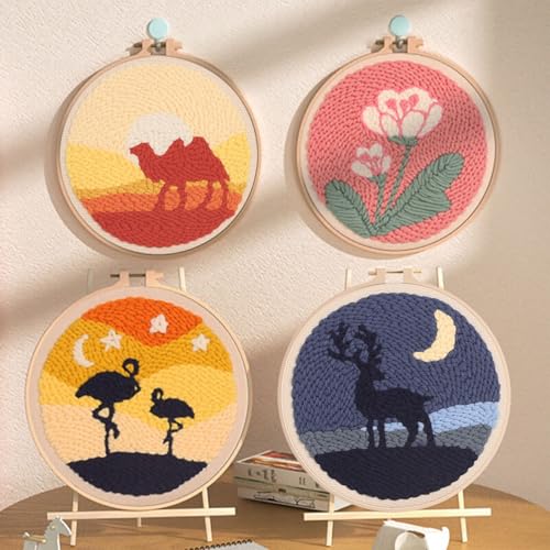 Woohome Punch Needle Kit Included Plastic Hoops, Punch Needle Cloth, Color Yarn and Punch Needle Tools for Adults, Beginners (Camel, Flamingo, Elk) - color: Color 12