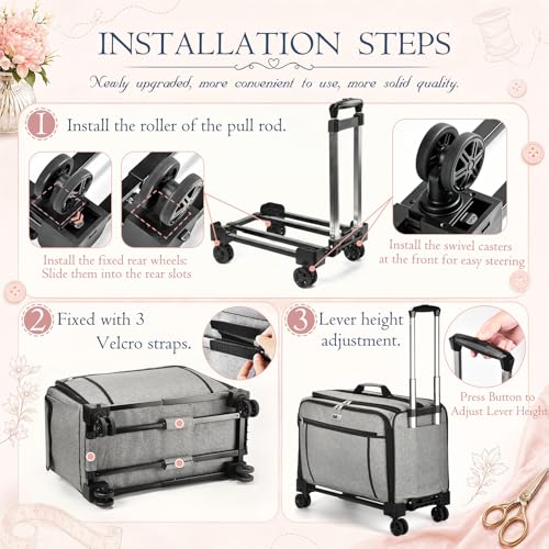 CAB55 XXL 23-Inch Rolling Sewing Machine Case with 4 Wheels, Extra Large Carrying Case for Professional Embroidery and Heavy Duty Sewing Machines with Bottom Support Board (Gray) - color: Gray