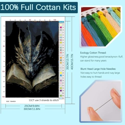 niurenmaoyi Stamped Cross Stitch Kits for Beginners,Counted Embroidery Craft Kits for Adults,Needlepoint Kits for Adults,Dragon Book Wall Art 11.8X15.8In - color: Cross Stitch Kits1215-01
