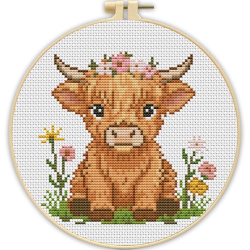 Stamped Cross Stitch Kits for Beginners-Highland Cow,with Embroidery Hoop - color: Cow-2605