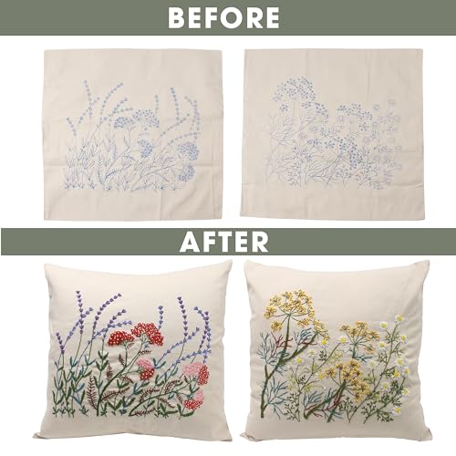 2 Set of Embroidery Pillow Kit Including Pillowcase Cover Cushion Case with Large Drawings and Zipper, Threads, Needles & Instruction Kits for Lace Crewel Craft, No Pillow Core (Lavender)