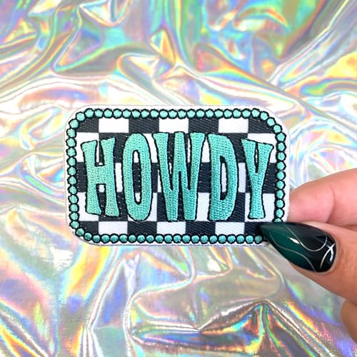 Howdy Turquoise Checkered Patch, 2.75” x 1.75", Embroidered Iron-On for Hats, Bags, Jackets, 2-Pack - color: Checkered Howdy Patch