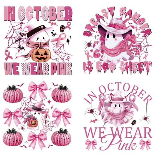 SUPERDANT 4PCS DTF Transfer Ready to Press Iron On Decals for Breast Cancer - style: In October We Wear Pink