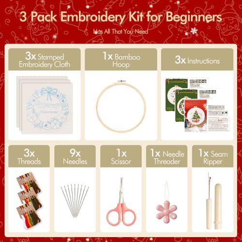 wtisan Christmas Embroidery Kit, Cross Stitch Kits for Beginners, Needlepoint with All Tools & Instructions, Stamped Hand Embroidery Starter Kit for Holiday Crafts & Xmas Home Decor, W10 - color: W10, size: 3 Pack