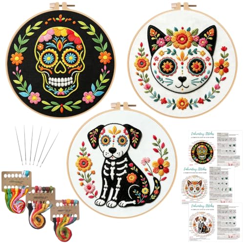 Nuberlic 3 Pack Sugar Skull Embroidery Kit for Beginners, Day of the Dead - color: Day of the Dead