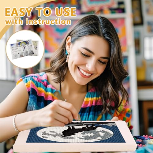 Doodlream Howling Wolf Needle Kit for Beginner, 9.4"x 9.4" Full Moon Night Punch Stitching Craft Set, Color DIY Embroidery Starter with Printed Frame, Instruction, Threader, Yarn, Pinch Needle - color: Wolf