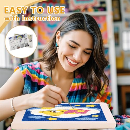 Doodlream Bear Cloud Needle Kit for Beginner, 9.4"x 9.4" Cartoon Animal Punch Stitching Craft Set, Color DIY Embroidery Starter with Printed Frame, Instruction, Threader, Yarn, Pinch Needle - color: Bear