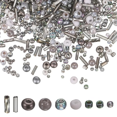 MECCANIXITY 5000 Pcs Mixed Glass Seed Beads, 1.5-6mm Mini Loose Glass Bugle Spacer Bead Embroidery Beads for DIY Craft Projects Earrings Necklaces Bracelets Jewelry Making, Gray - color: Gray
