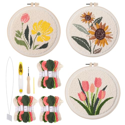 3 Pcs Punch Needle Kits, 7.87 Inch Flower Punch Needle Kit Sunflowers and Tulips Needles Punching kit with Hoop, Instruction, Fabric, Sewing Needles, Yarns, Scissors for Adult, Beginner, Children - size: Style B