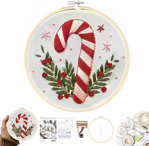 Christmas Embroidery Kit DIY Hand Embroidery Starter Cross Stitch Kits, Christmas Ornaments Embroidery with Stamped Pattern,Cotton,Threads,Needles,Instructions for Adults Beginners (Candy Cane) - color: Candy Cane