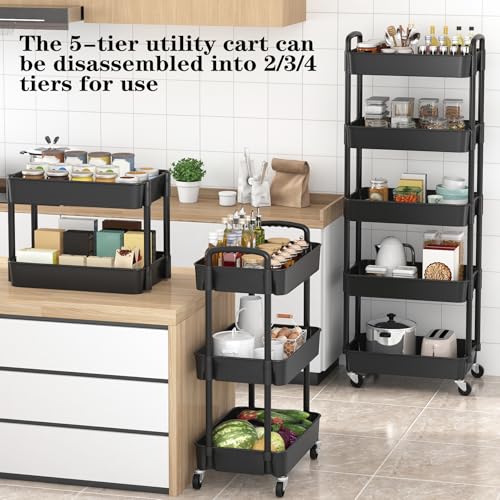 Sywhitta 5-Tier Plastic Rolling Utility Cart with Wheels,Black - color: Black, size: 5-tier