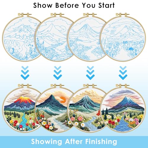 ERKOON 4 Set Embroidery Kit for Beginners, Cross Stitch Set Include Embroidery Cloth Hoops Threads for Craft Lover Hand Stitch with Embroidery Skill Techniques (Landscape) - color: Landscape