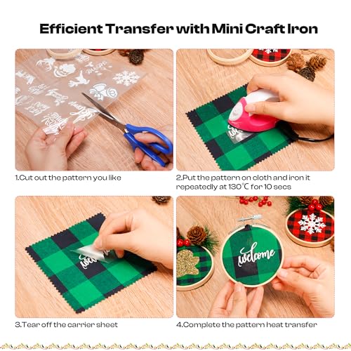 Caydo 111 Pieces Christmas Ornament Making Kit Including 3 Inch Embroidery Hoops, 5 Inch Squares Plaid Fabric and Pink Mini Heat Press for DIY Christmas Decoration - style: 111PCS