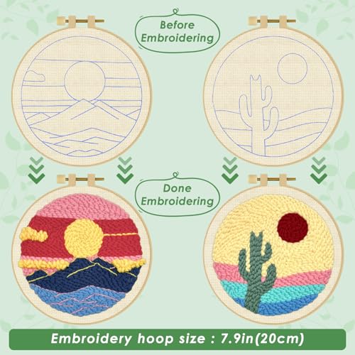 ERKOON Punch Needle Kit Adults Beginners, 2 Pcs DIY Easy Landscape Embroidery Set for Starter Art Craft, Needling Punching Project with Patterns, Tools, Yarns, Hoop, Instruction (Desert & Afterglow) - color: Desert & Afterglow