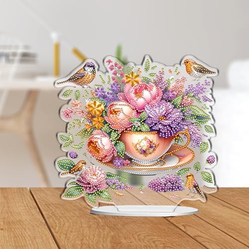 POETRYDRAW Diamond Art Ornament Desktop Kit Cup Flower, Stand Up Diamonds Painting Ornament for Adults, 5D DIY Special Diamond Gem Craft Tabletop Placement Board Kit - color: Cup Flower