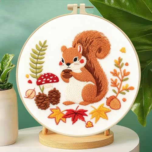 Zhenqing Squirrel with Pinecone Embroidery Kit for Beginners, Pre-Printed 29x29cm Cotton Fabric & 20cm Hoop, Cute Autumn Animal Design with Mushrooms & Maple Leaves(C0050)