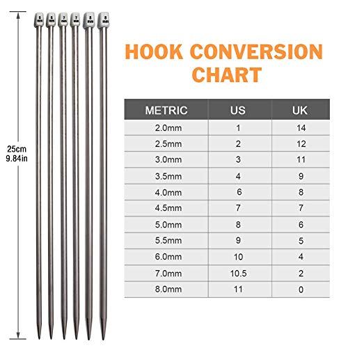 Knitting Needle Set, BCMRUN 22PCS 2mm(B)-8mm(L) Straight Single Pointed Stainless Steel Sweater Needles Set(11Pair-11 Size,9.8 inch) with Locking Stitch Makers Large-Eye Needles Measure Tape (25CM) - size: 25CM