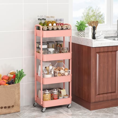 Sywhitta 4-Tier Plastic Rolling Utility Cart with Wheels for Storage, Pink - color: Pink, size: 4-tier