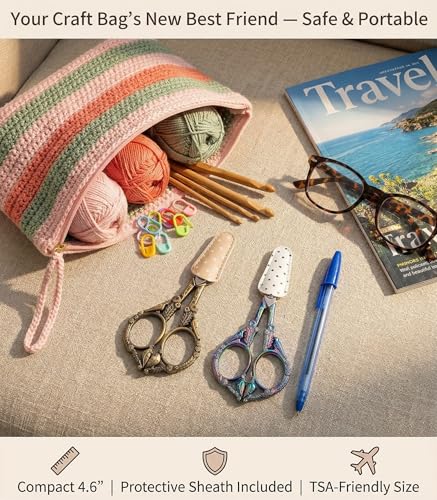 Crochet Scissors with Cover – Vintage Small Embroidery Scissors, Sharp Sewing Scissors for Yarn Thread Craft Needlework, Pretty Gift for Crocheter Quilter, 4.6 Inch 2 Pack - color: Rainbow&bronze